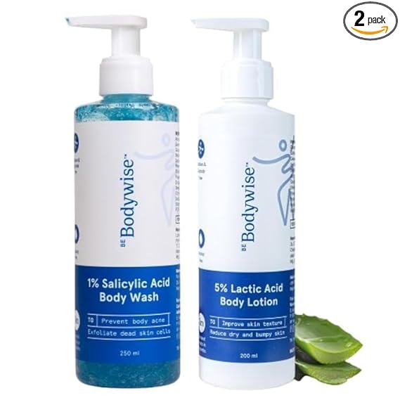 Be Bodywise 5% Lactic Acid Body Lotion (200ml) & 1% Salicylic acid Bodywash (250ml) for Women | Helps to Prevent Body Acne, Cleanses Skin & Nourishes Skin | Paraben and SLS free