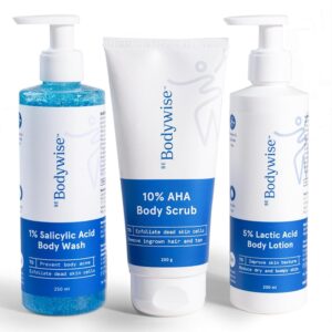Be Bodywise Strawberry Skin Pack | With 1% SA Body Wash, 5% Lactic Acid Body Lotion & 10% AHA Scrub | Exfoliates, Reduces Body Acne, Uneven Skin Texture | 650ml