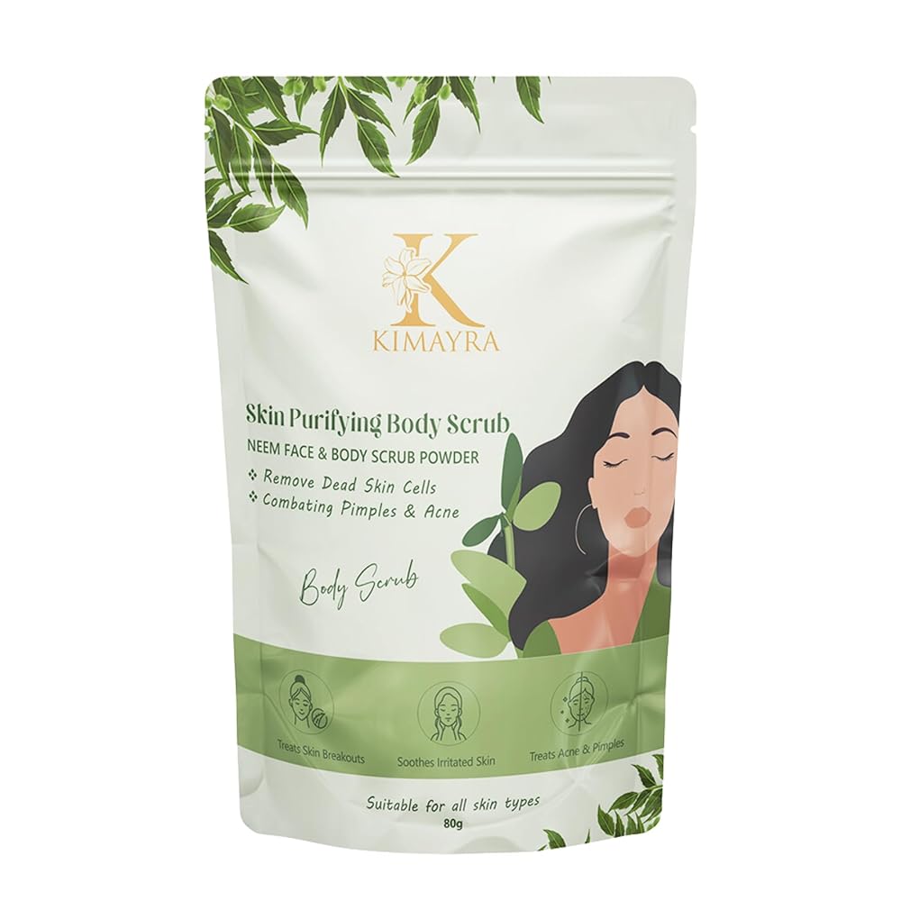 Kimayra Natural Neem Skin Purifying Face & Body Scrub Powder/Bathing Scrub Powder For Acne, Pimple-Free Clear Skin For Men & Women | All Skin Type – 80gm