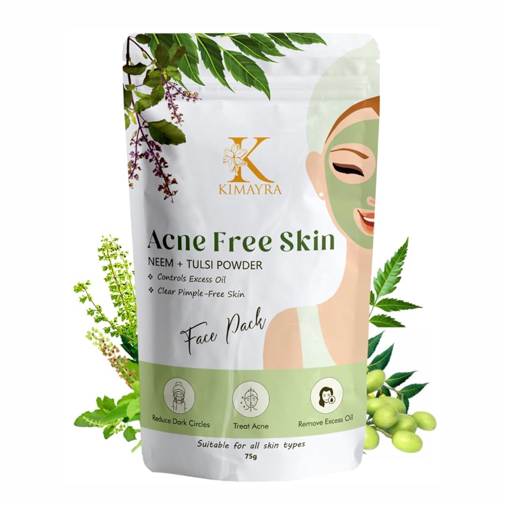 Kimayra Organic Neem + Tulsi Face Pack Powder For Pimple Free Skin | Helps In Cleansing The Skin | Soothes Skin | Natural Face Pack For Women/Men - Safe For All Skin Type – 75gm...