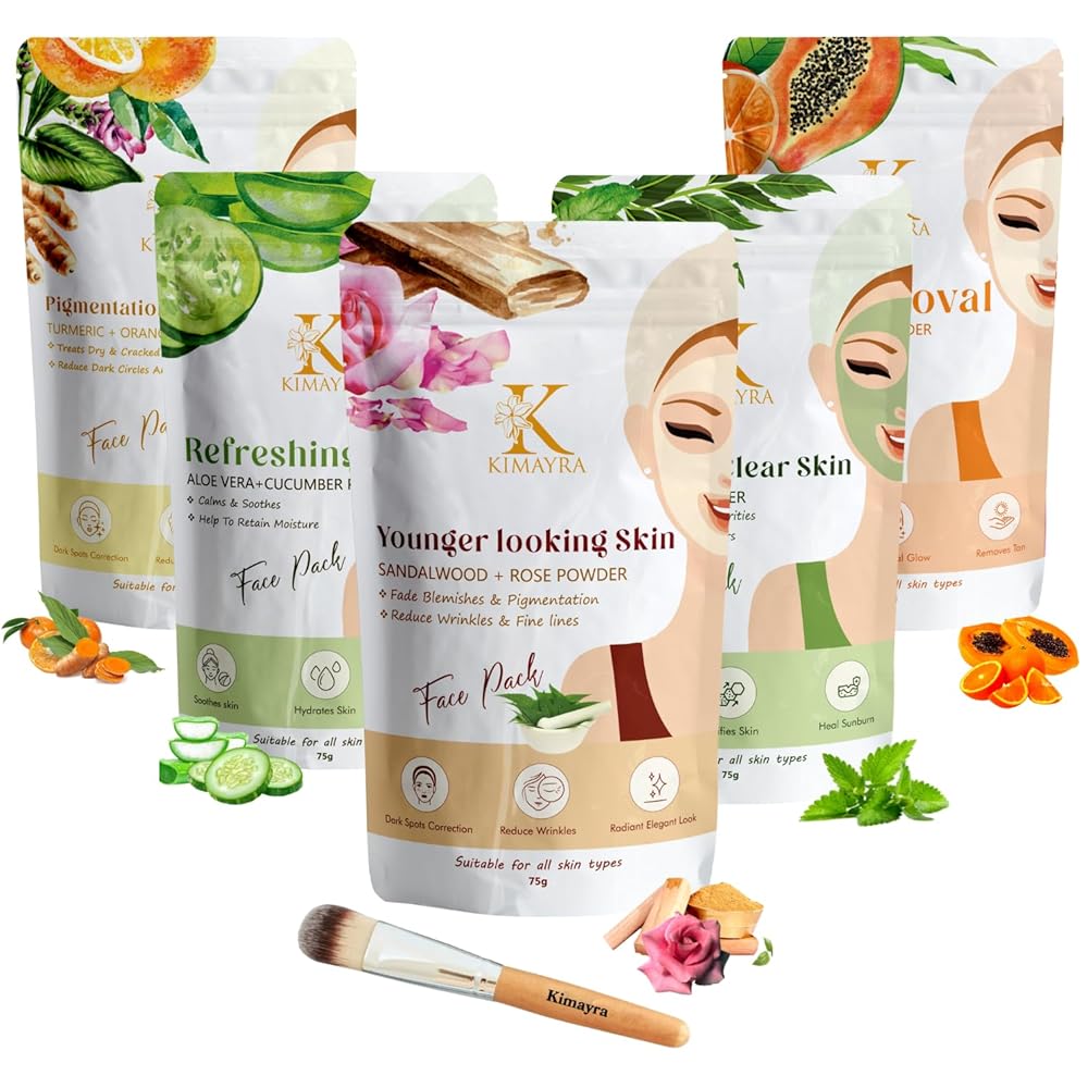 Kimayra Skin Care Combo Powder (Sandalwood + Rose, Turmeric + Orange, Neem + Mint, Aloevera + Cucumber, Orange + Papaya) - Face Pack Combo Powder for Glowing & Brightening Skin...