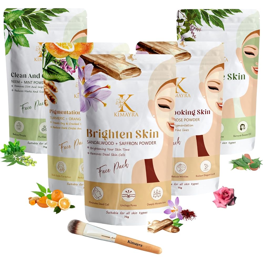 Kimayra Skin Care Combo Powder (Sandalwood + Saffron, Sandalwood + Rose, Turmeric + Orange, Neem + Tulsi, Neem + Mint) Face Pack Combo Powder for Natural Brightening & Glow Skin...
