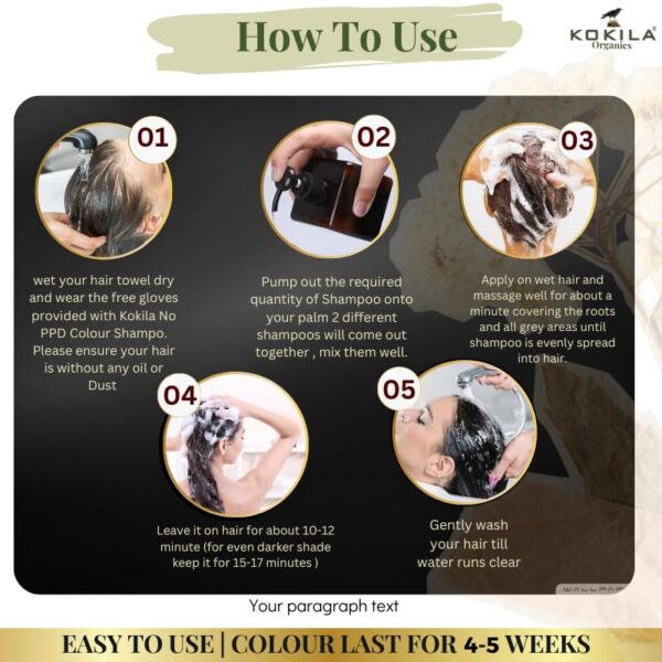 Kokila NO PPD Shampoo Hair Colour - Black 400ml for Women and Men | Natural Extracts | Colours Hair in 10 Minutes | Ammonia Free, Paraben Free - 10 Pair Free Gloves
