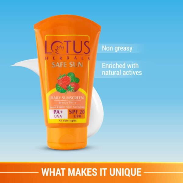 Lotus Herbals Safe Sun Sunscreen Cream - Breezy Berry SPF 20 PA+| Sweat & Waterproof, Non-Greasy| Berry extract| | All skin types|50g (Pack Of 2)