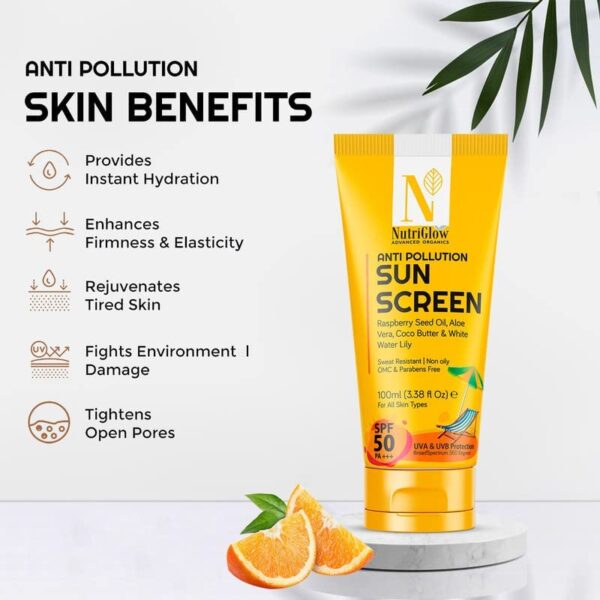 NutriGlow Advanced Organics Advanced Organics Anti Pollution Sunscreen With Alovera, Coco Butter, White Water Lily, Raspberry Seed Oil/All Skin Types/Uva & Uvb Protection, 100 ml