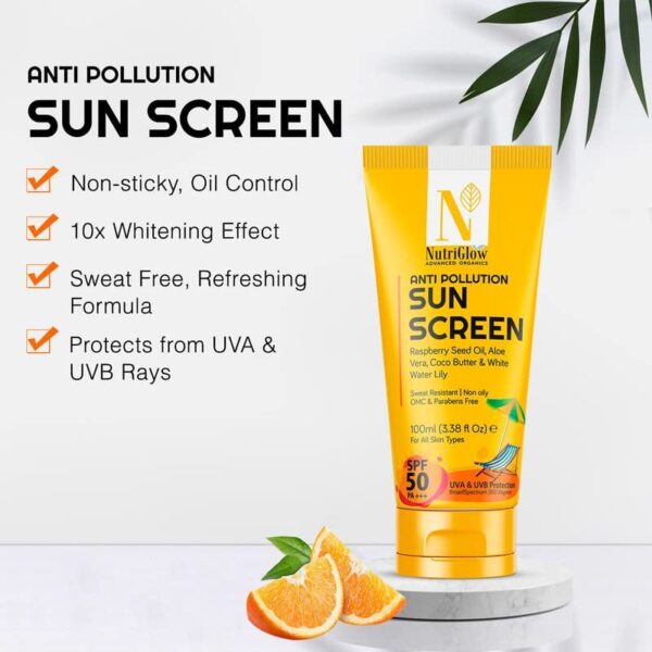 NutriGlow Advanced Organics Advanced Organics Anti Pollution Sunscreen With Alovera, Coco Butter, White Water Lily, Raspberry Seed Oil/All Skin Types/Uva & Uvb Protection, 100 ml