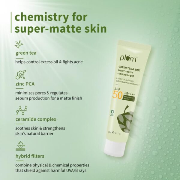Plum Green Tea & Zinc Super-Matte Gel Sunscreen SPF 50 PA ++++ | Formulated for Oily, Combination and Acne Prone Skin | Protects & Controls Oil | Lightweight, No White Cast &...