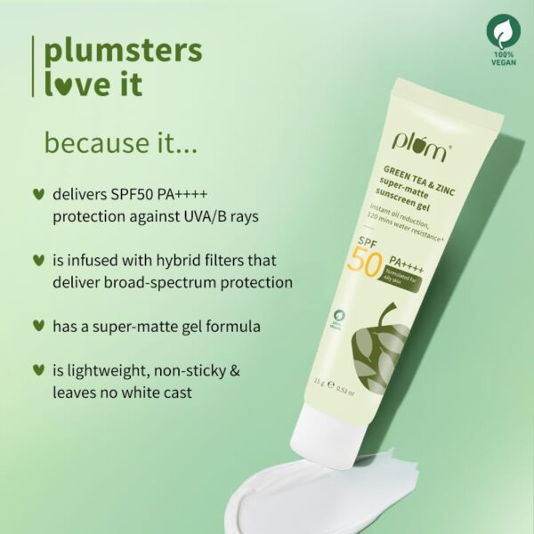 Plum Green Tea & Zinc Super-Matte Gel Sunscreen SPF 50 PA ++++ | Formulated for Oily, Combination and Acne Prone Skin | Protects & Controls Oil | Lightweight, No White Cast &...