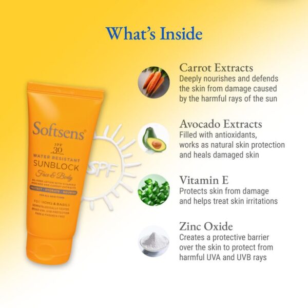 Softsens Sunblock Spf 30 Lotion | Enriched with Vitamin E, avocado & carrot extracts | For Babies & Parents | 50g Pack of 2