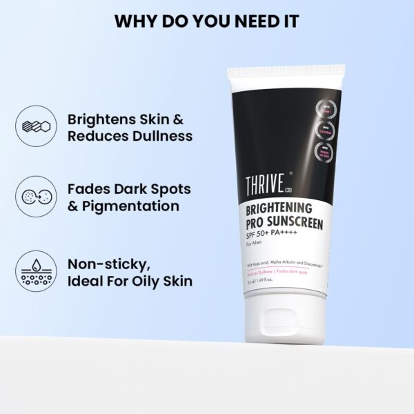 ThriveCo Brightening Pro Sunscreen for Men | SPF 50+ Pa++++ | Zero White Cast | Kojic acid, Vitamin C & Diacnemide™ | Non-sticky & Anti-Ageing | Boosts Collagen, Fades Dark...