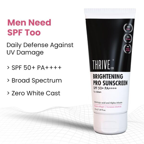 ThriveCo Brightening Pro Sunscreen for Men | SPF 50+ Pa++++ | Zero White Cast | Kojic acid, Vitamin C & Diacnemide™ | Non-sticky & Anti-Ageing | Boosts Collagen, Fades Dark...