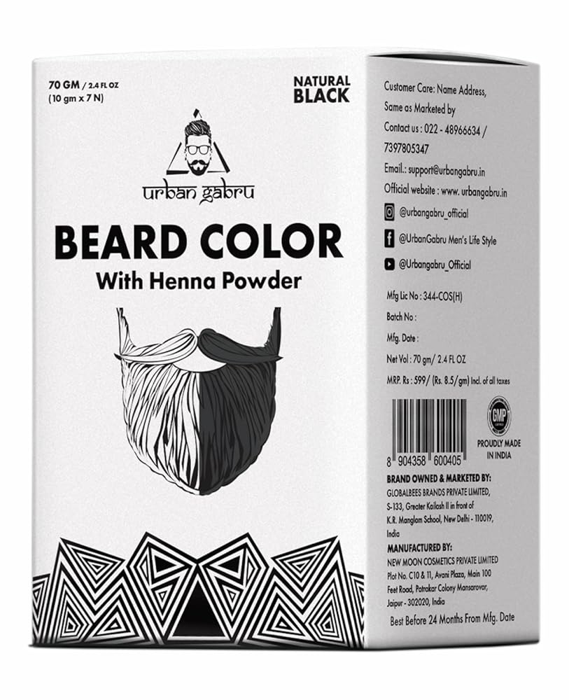 UrbanGabru Beard Color for Men with Henna Powder 70g - Black | No Parabens or Sulphates | Natural Beard Color